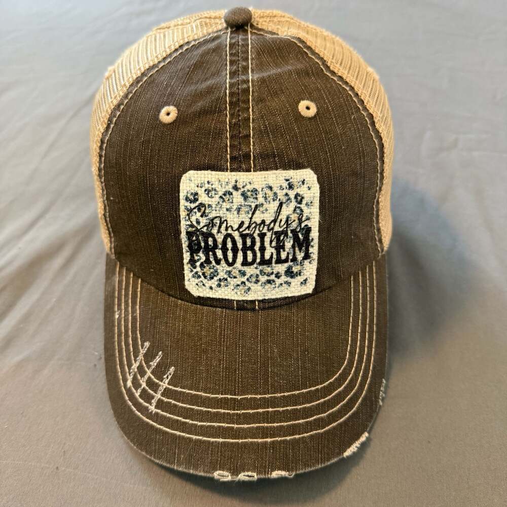 Somebody’s Problem Distressed Trucker Hat Brown Tan Mesh Leopard